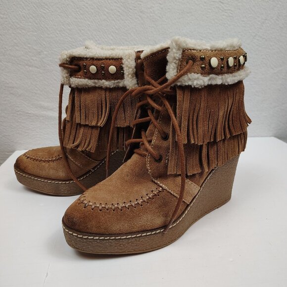 Sam Edelman Kemper Fringe Wedge Bootie In Suede Womens size 8M - Picture 1 of 11